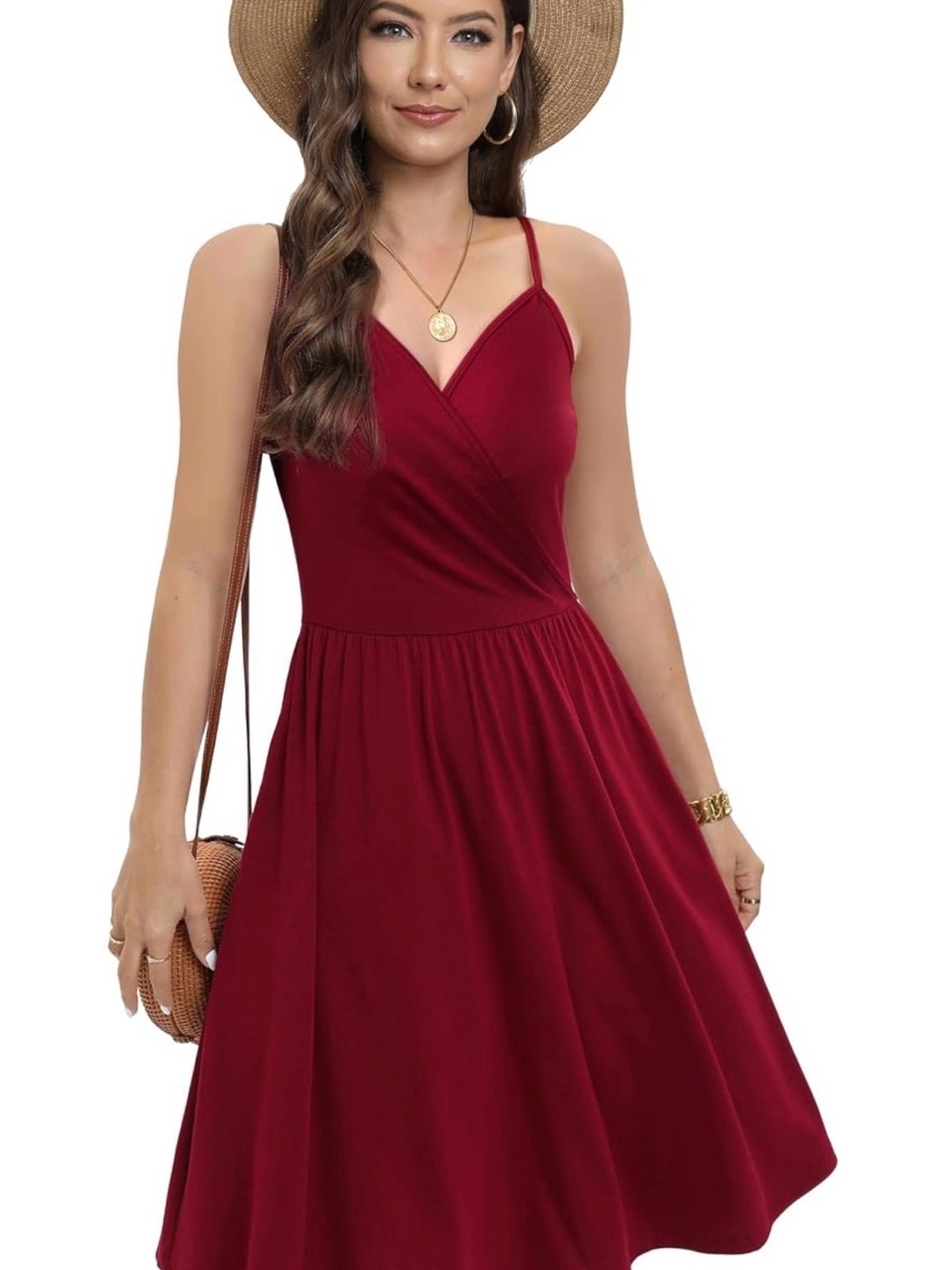 Women's V-Neck Burgundy Sleeveless Summer Dress
